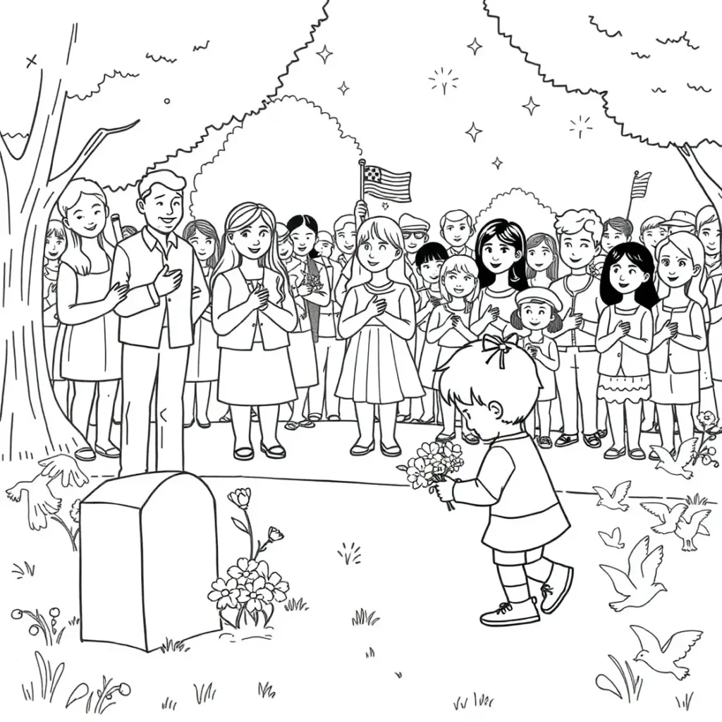 Line art coloring page of a child placing flowers at a gravestone on Memorial Day with a crowd of people and doves in the background.