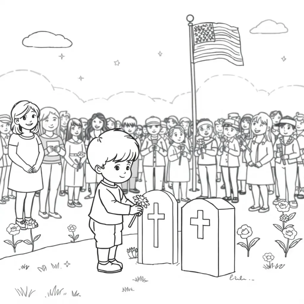 Line art coloring page of a child placing a flower at a gravestone with an American flag and crowd of people behind them