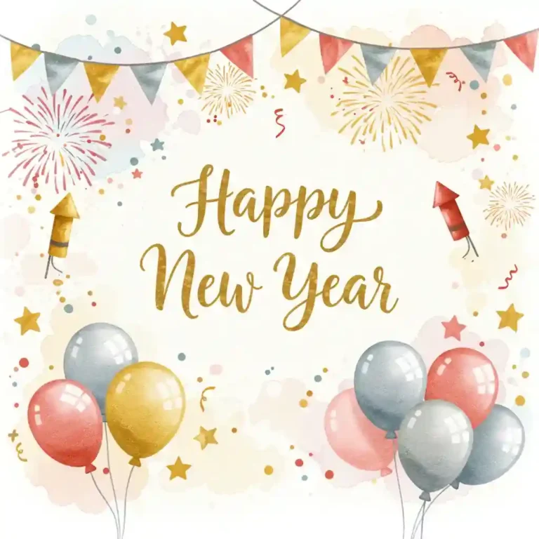 A colorful illustration with the text "Happy New Year" in golden cursive letters, surrounded by pink, gray, and gold balloons, fireworks, a firecracker, confetti, stars, and a banner with triangular flags, set against a watercolor background.