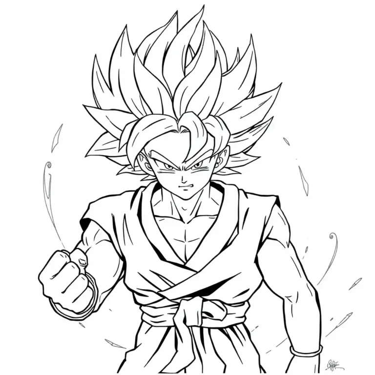 A black and white line drawing shows a close-up of the character Son Goku from Dragon Ball Z, from the chest up. He has a determined, intense expression and is clenching one fist, ready to fight. His spiky hair is prominent, and energy lines or auras are drawn around him, conveying a sense of power being released. He is wearing his signature martial arts gi.