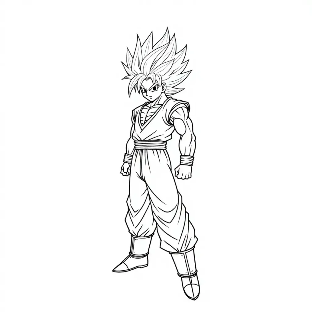 Detailed line art drawing of Goku standing ready with Super Saiyan-like hair.