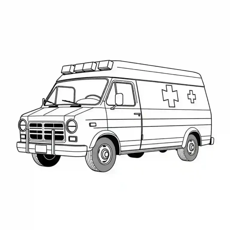 Line art coloring page of a classic ambulance shown from the side view.