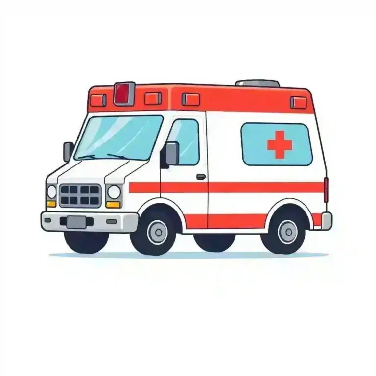 Stylized illustration of an ambulance with red stripes and medical crosses.