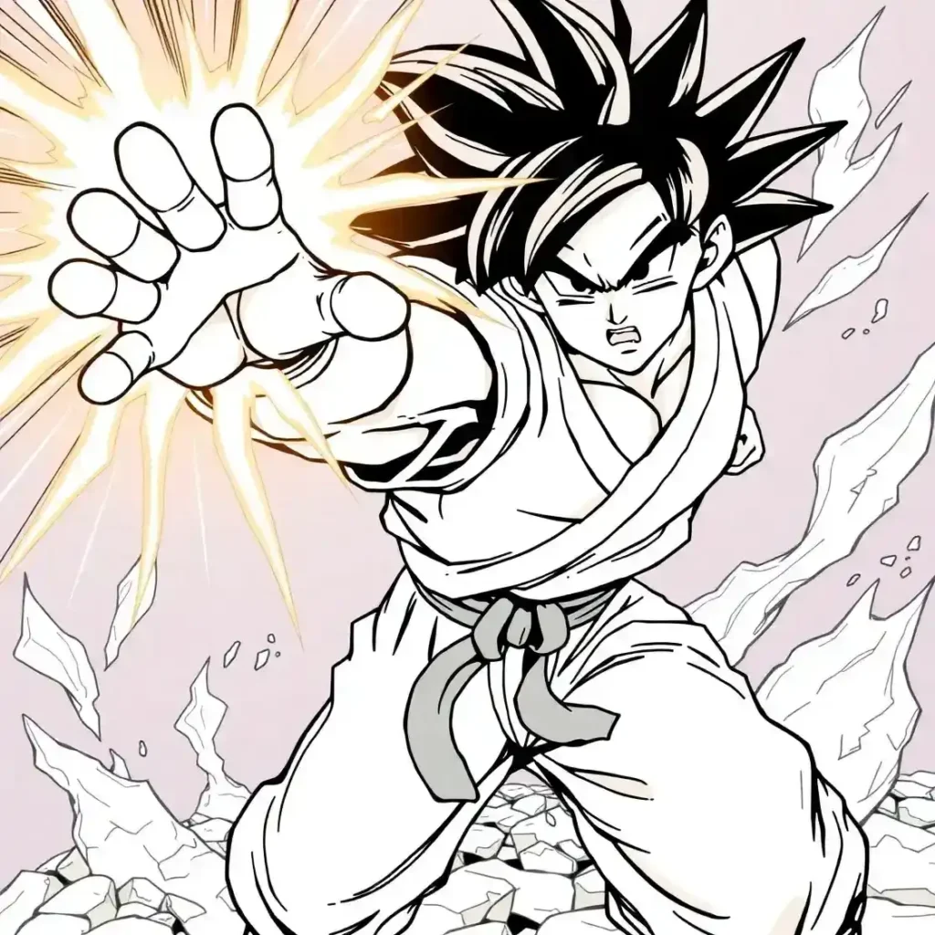 Goku raising hand to emit energy blast with cracked ground and energy spikes