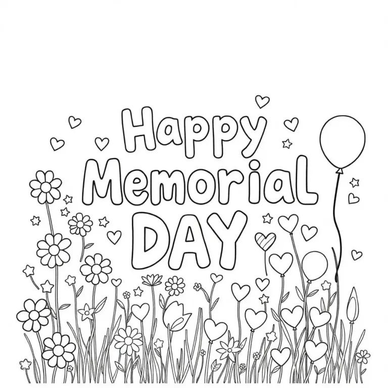 Line art coloring page with "Happy Memorial Day" text above a line of flowers, hearts, stars, and a balloon.