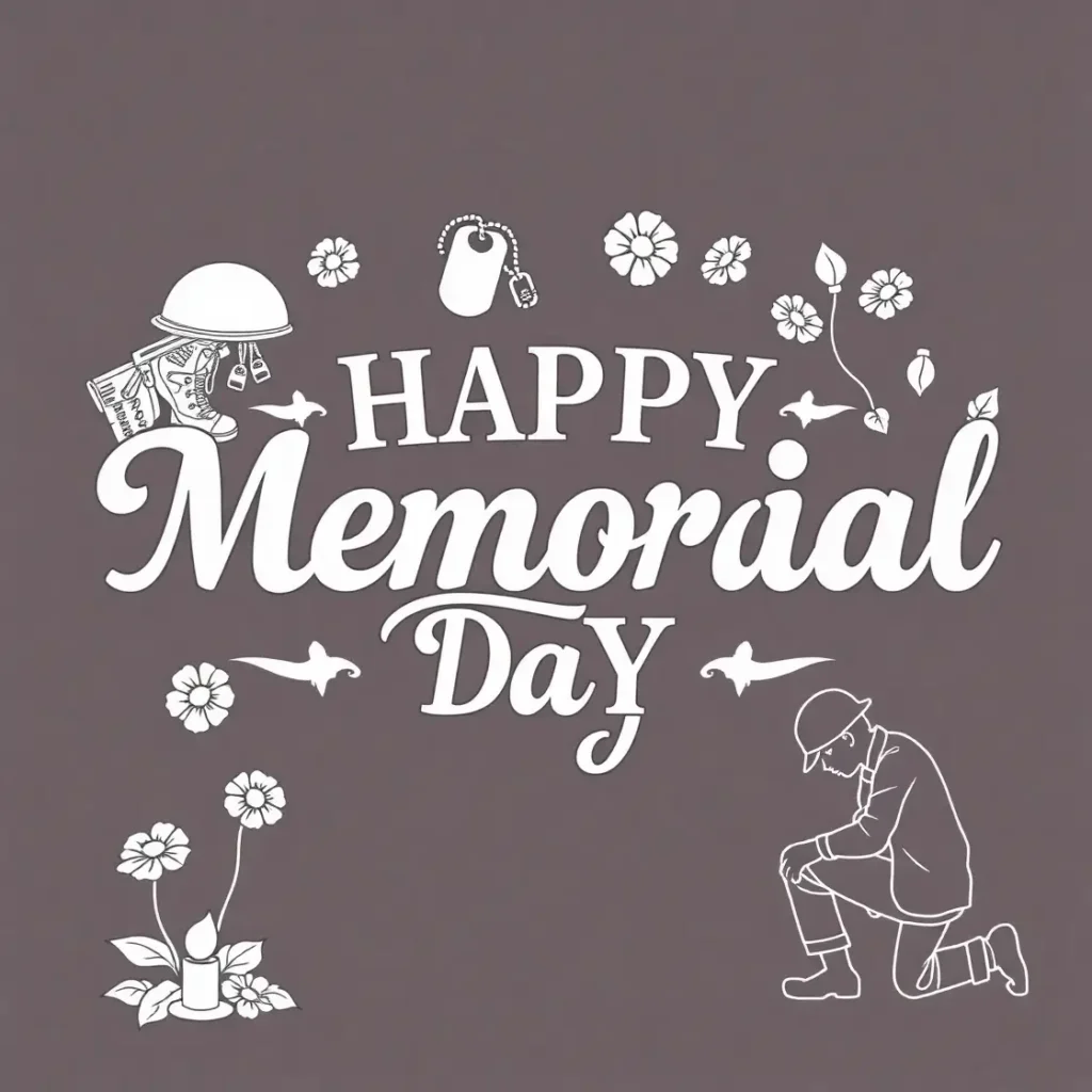 White line art on a dark background with "Happy Memorial Day" text and drawings of military boots, helmet, dog tags, kneeling soldier, flowers, and a candle.