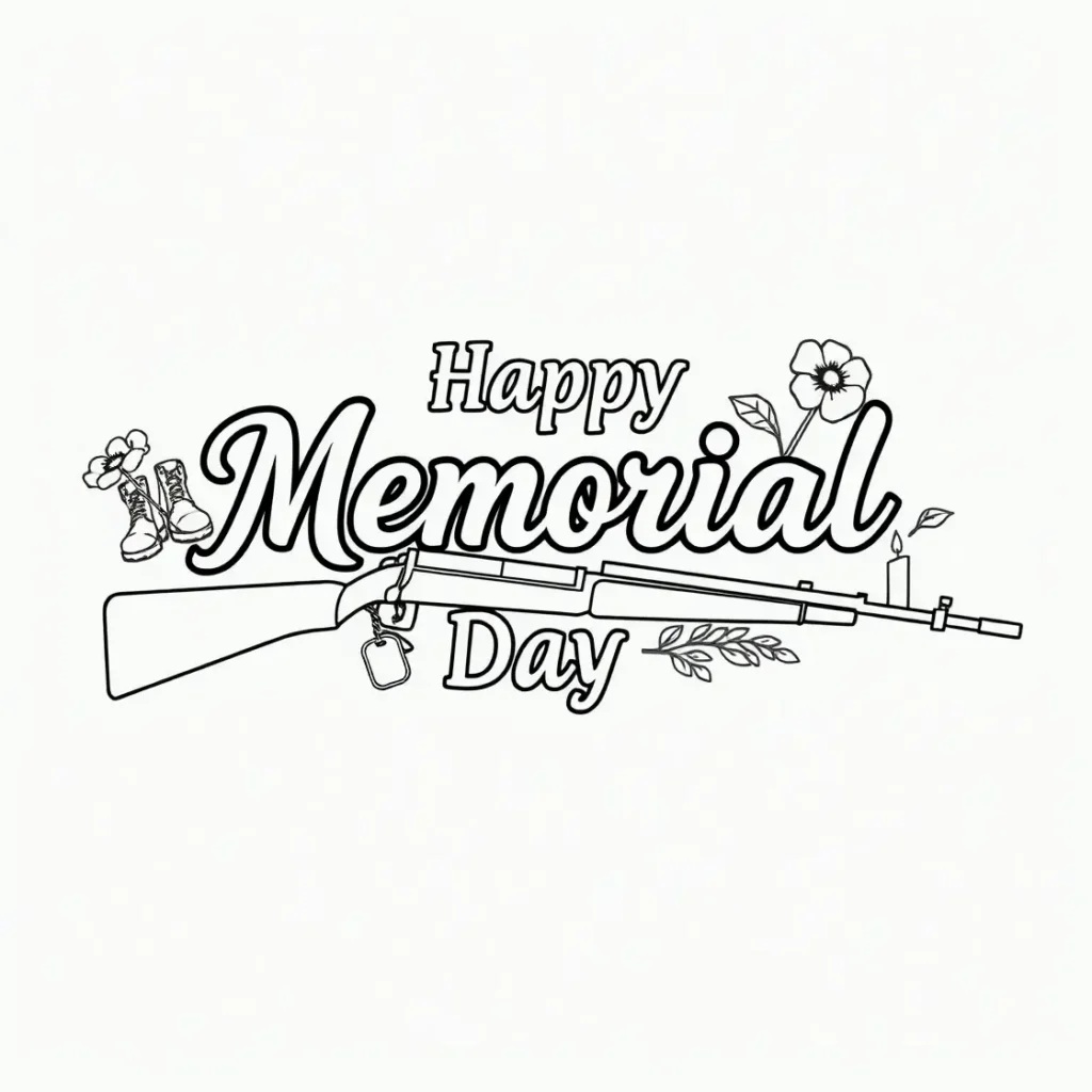 Line art coloring page with "Happy Memorial Day" text over a rifle with dog tags, boots, flowers, and a candle.
