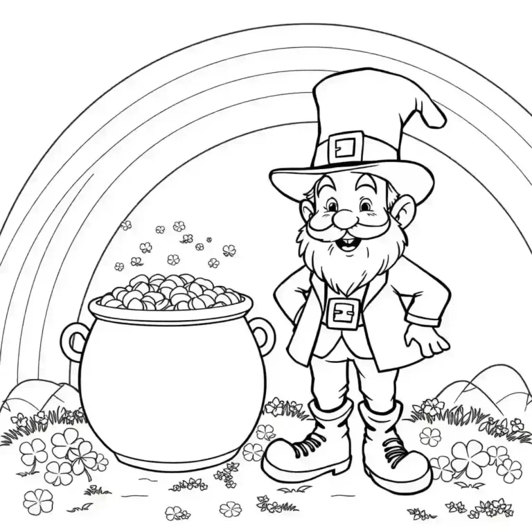Line art coloring page of a leprechaun standing next to a pot of gold with a rainbow in the background and shamrocks.