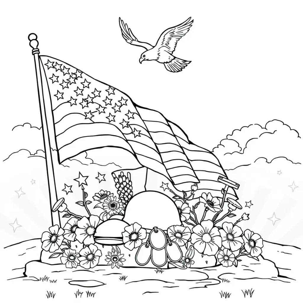 Line art coloring page with an American flag draped over military boots, helmet, and dog tags, surrounded by flowers, with an eagle flying above.