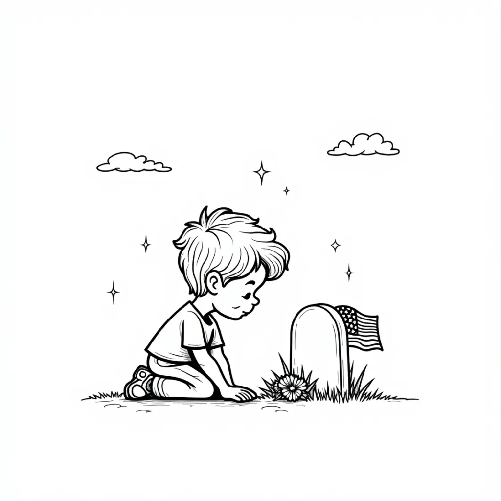 Line art coloring page of a child kneeling at a gravestone with an American flag.