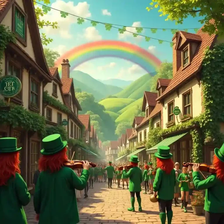 A festive St. Patrick’s Day parade in a quaint Irish village with leprechauns playing violins, shamrock decorations, cheering crowds, and a rainbow over lush green hills.