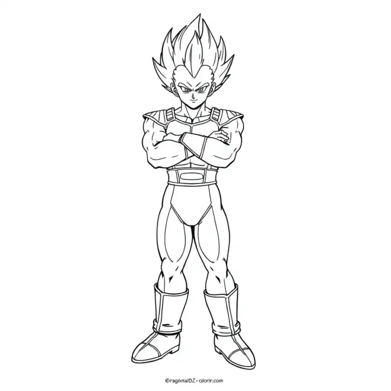 Black and white line drawing of Vegeta from Dragon Ball Z in Saiyan armor with his arms crossed.