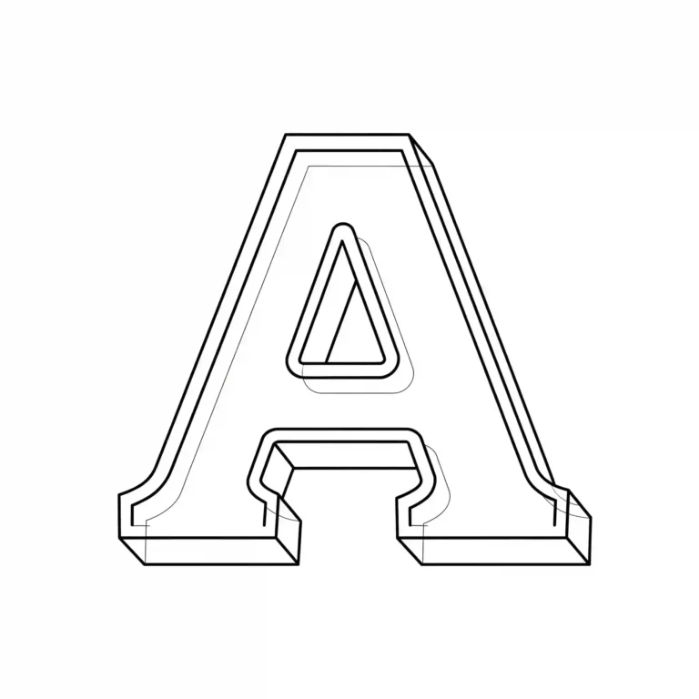 Black-and-white coloring page of a large 3D letter A with layered outlines.