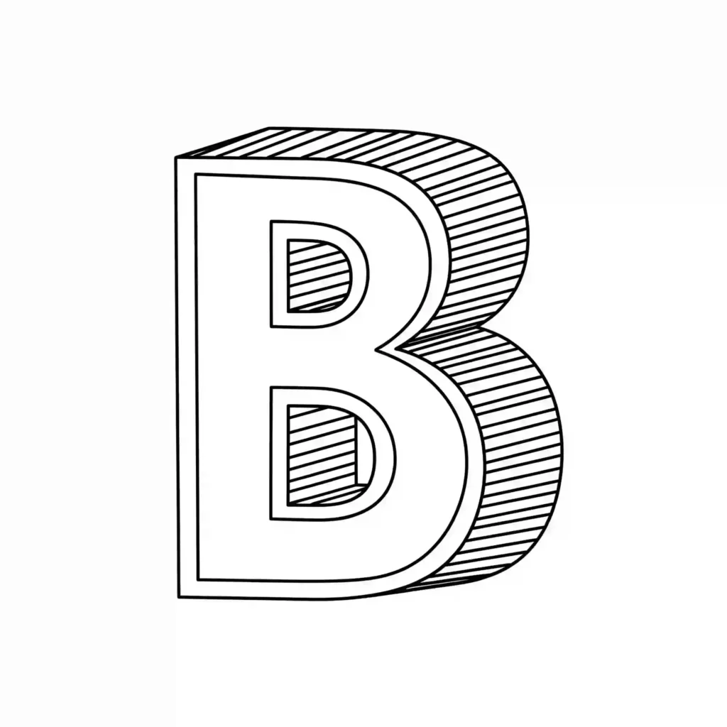 A 3D outline drawing of the capital letter B with striped shading on its side and top surfaces.