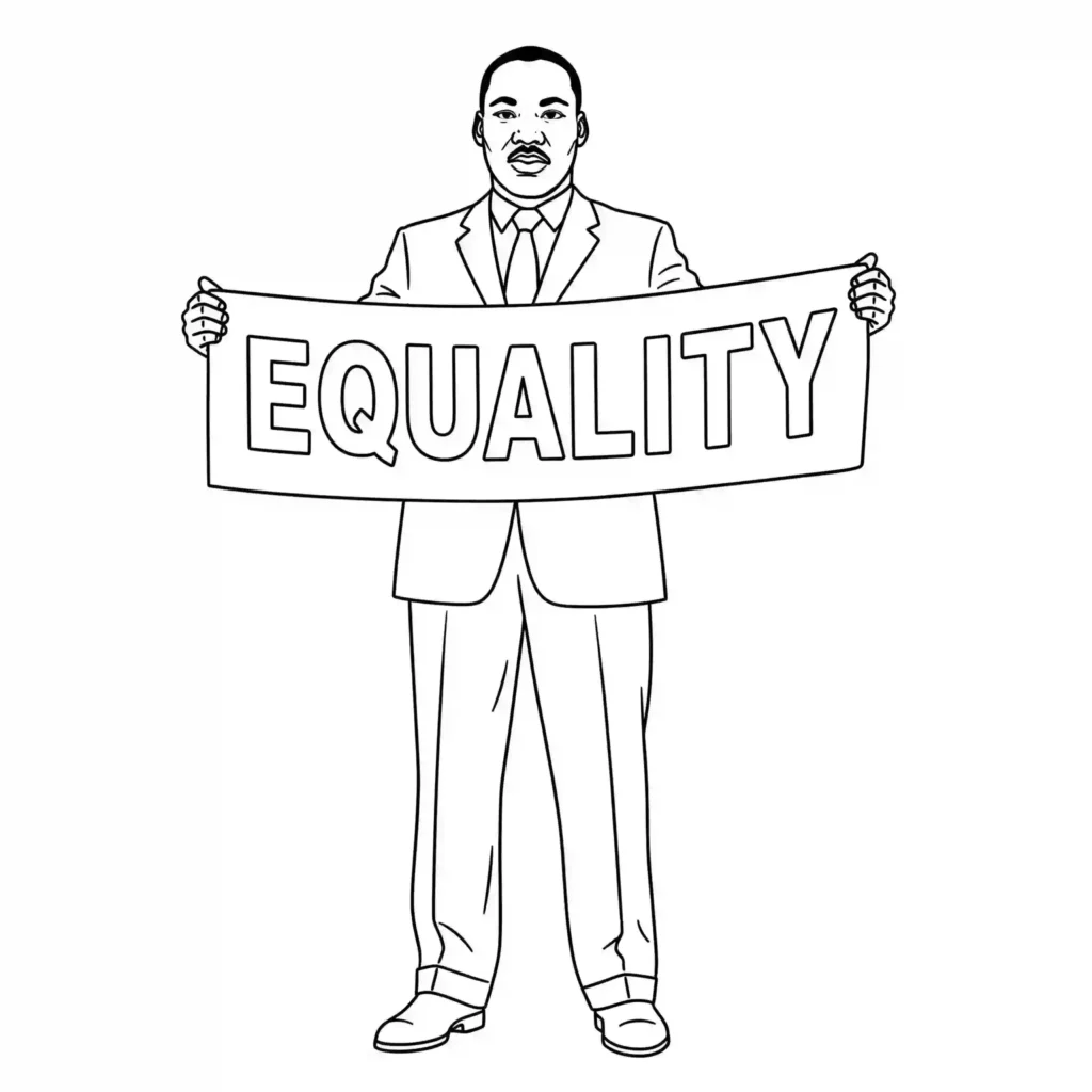 Black-and-white illustration of a person in a suit holding a sign that says "EQUALITY," designed for coloring.
