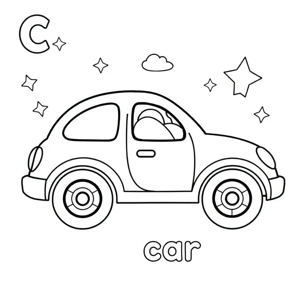 Black and white coloring page with a large letter C and a car illustration, surrounded by stars, a cloud, and dots, with "Car" written below.