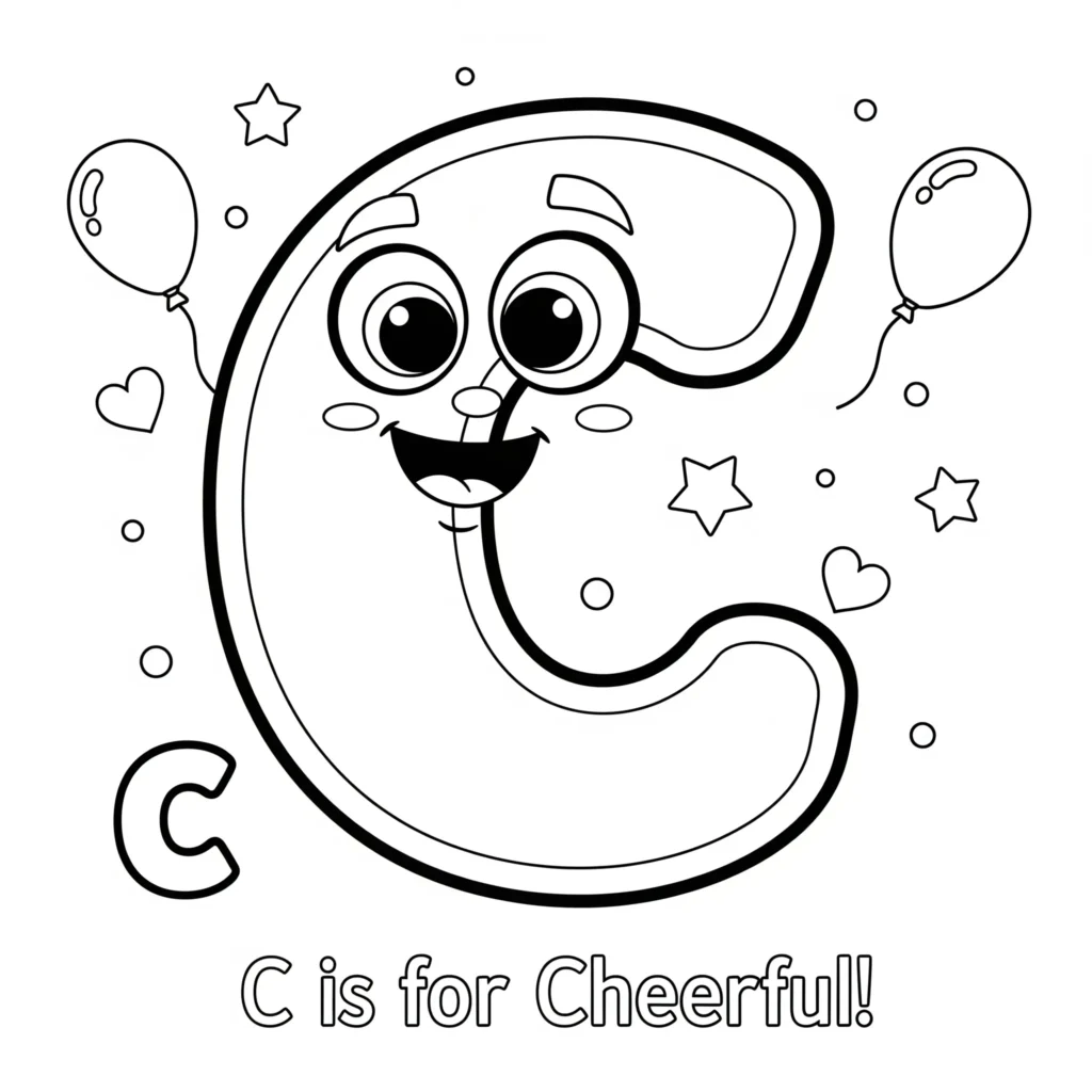 Black and white coloring page with a large letter C with a cheerful face, surrounded by balloons, stars, hearts, and dots, with "C is for Cheerful!" written below.