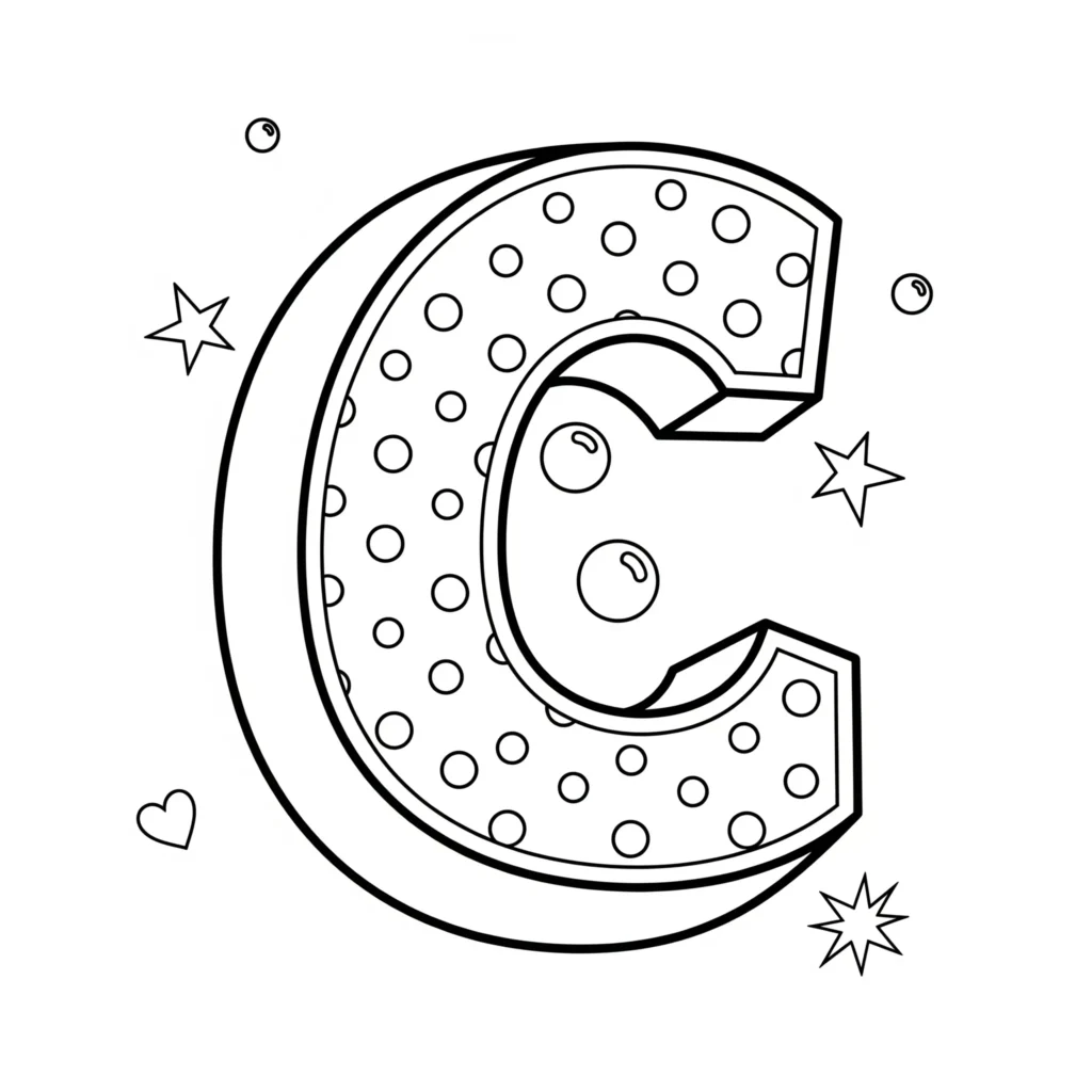Black and white coloring page with a large letter C covered in dots, surrounded by stars, bubbles, and a heart.