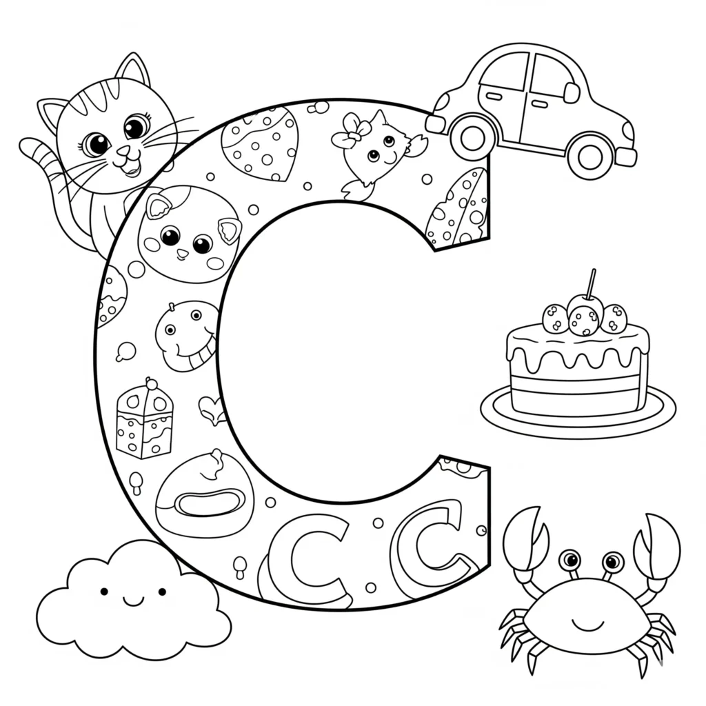 Black and white coloring page with a large letter C filled with patterns and images of a cat, car, cake, crab, cloud, and other cute characters.