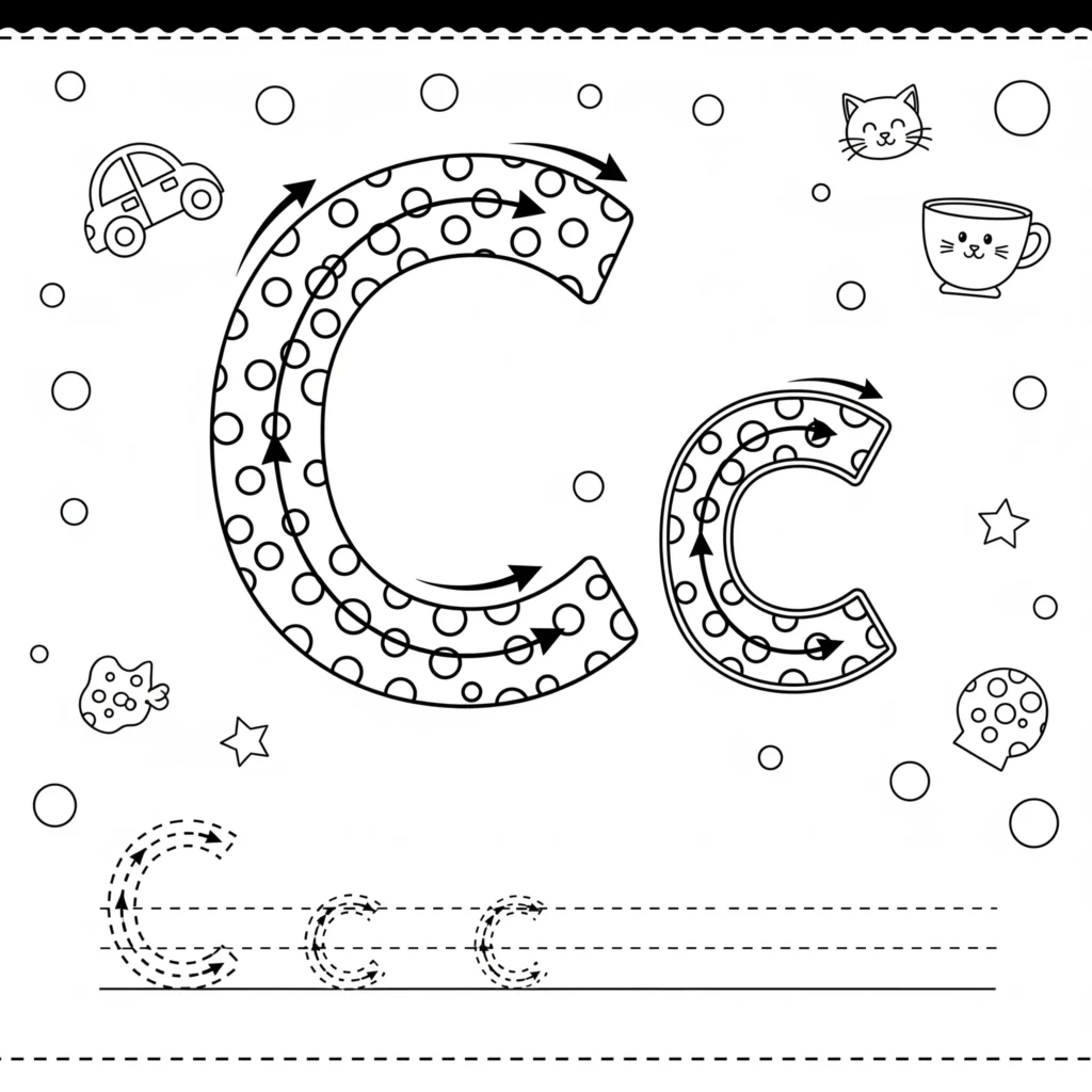 Black and white worksheet featuring large dotted letter C outlines for coloring and tracing, with arrows showing stroke direction. Includes cute images of a car, cat, cup, fish, and star, surrounded by dots, and lines below for practicing lowercase c.