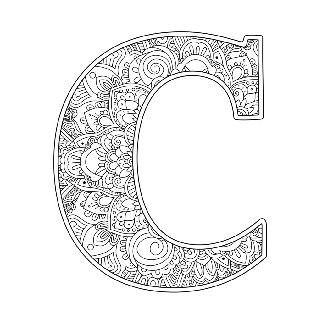 Black and white coloring page with a large letter C filled with intricate mandala patterns, including floral and geometric designs.