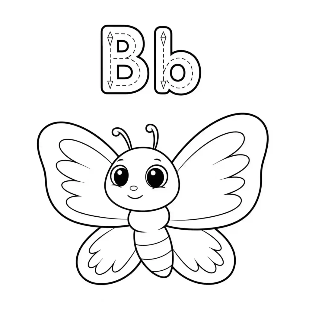 Black-and-white tracing and coloring page with uppercase and lowercase letter B, accompanied by a cute butterfly with large eyes and detailed wings.