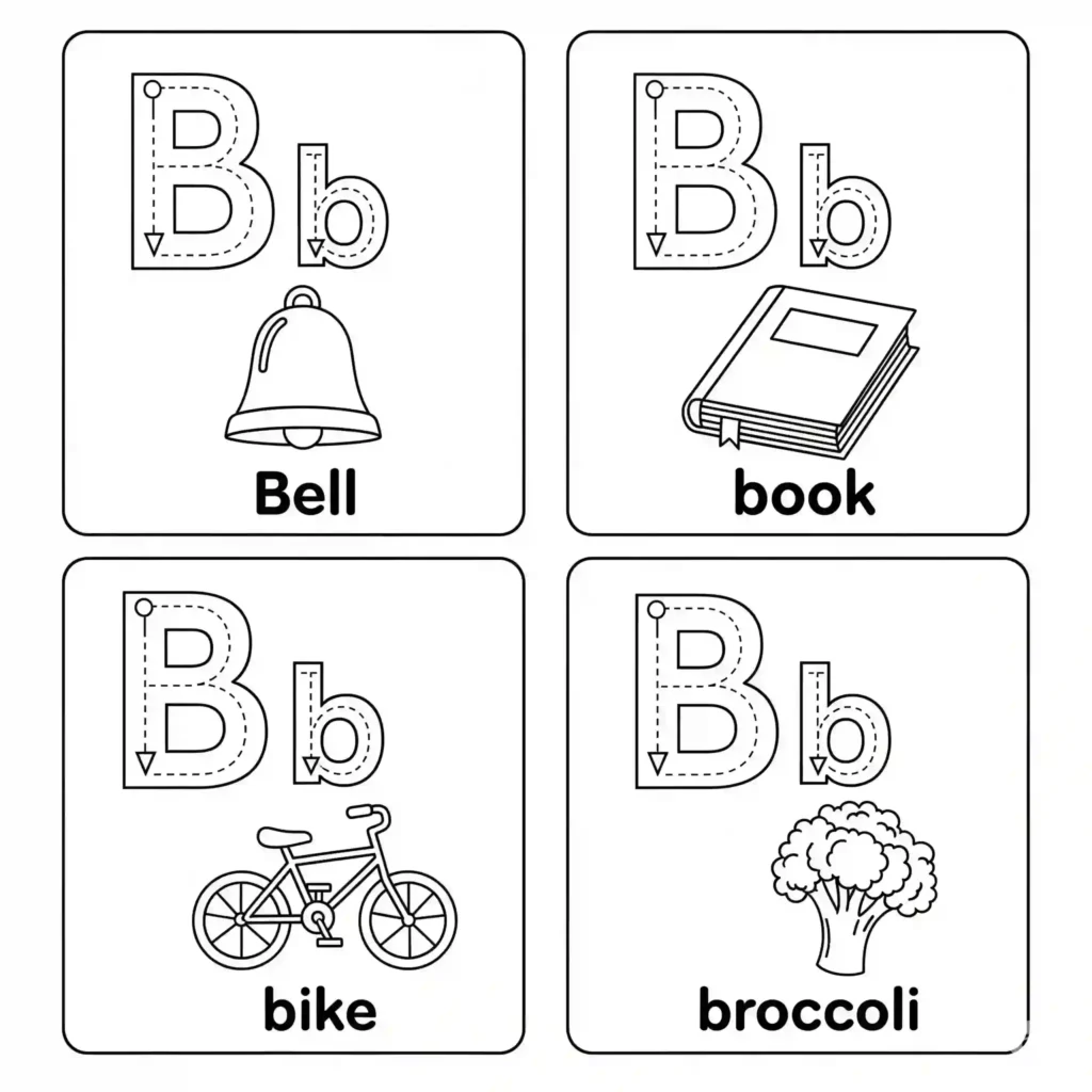 Black-and-white tracing and coloring page with four panels showing uppercase and lowercase letter B, paired with illustrations and words: bell, book, bike, and broccoli