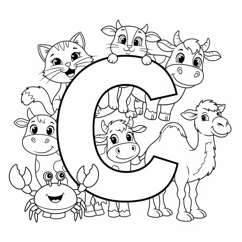 Black outline of the letter "C" encircled by animals like a cat, rabbits, cows, a camel, and a crab on a white background.