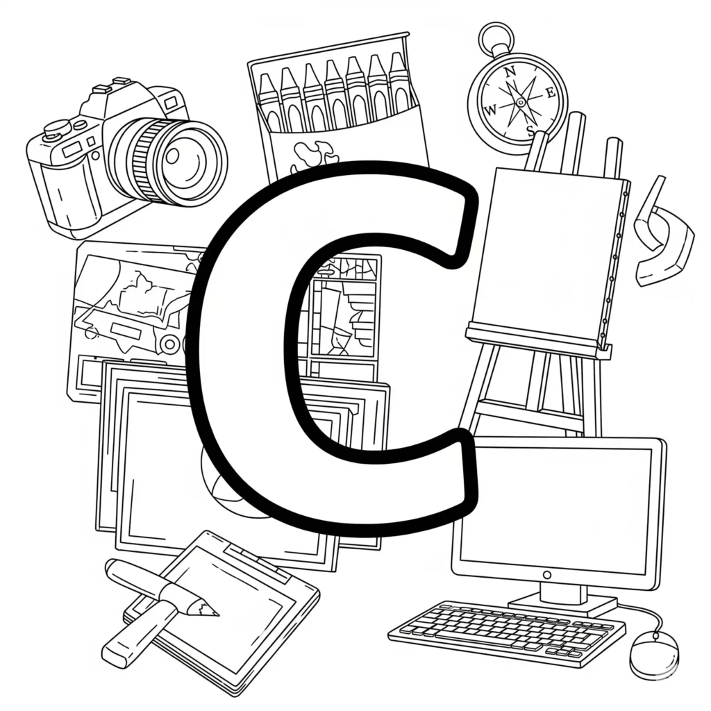 : Black outline of the letter "C" encircled by art and tech items like a camera, crayons, compass, easel, computer, keyboard, mouse, drawing tablet, and framed pictures on a white background.