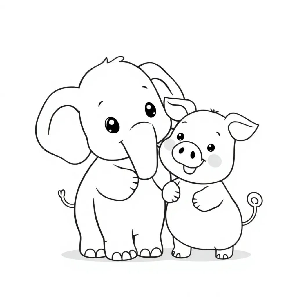 Black-and-white cartoon drawing of a baby elephant and piglet standing together in a friendly pose.