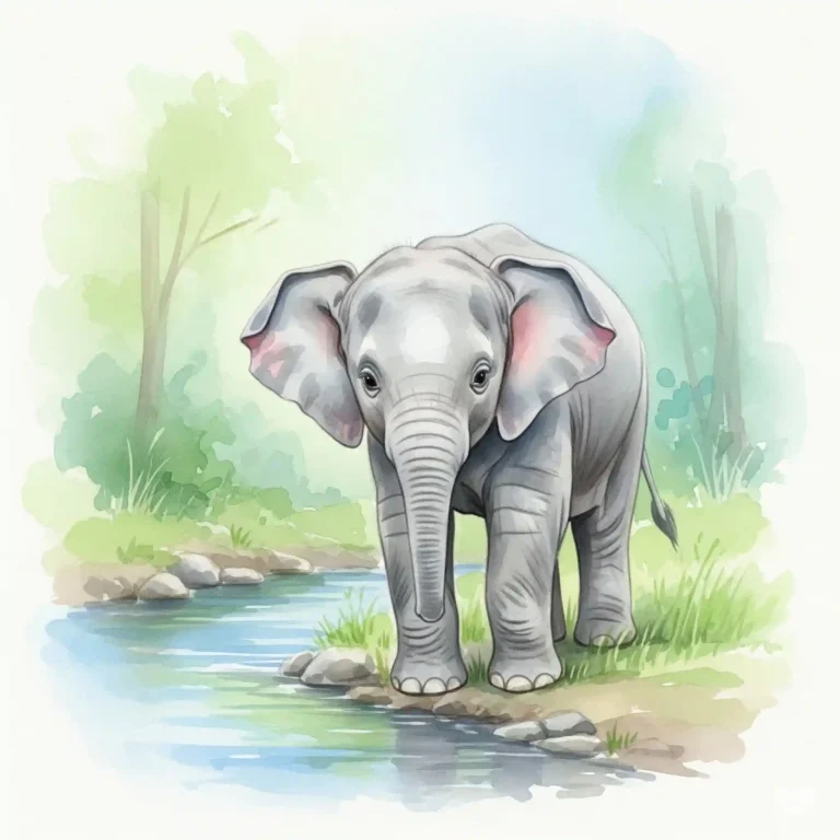 A watercolor illustration of a baby elephant standing by a river in a forest. The elephant has large ears and a small trunk, with green trees, grass, and rocks in the background.