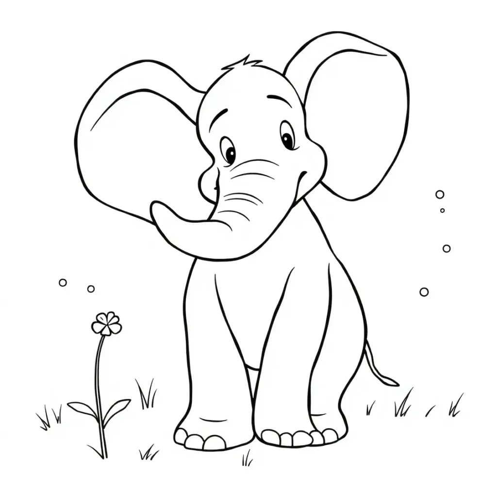 Black-and-white drawing of a cartoon baby elephant with a happy expression, standing on grass with a flower, designed for coloring.