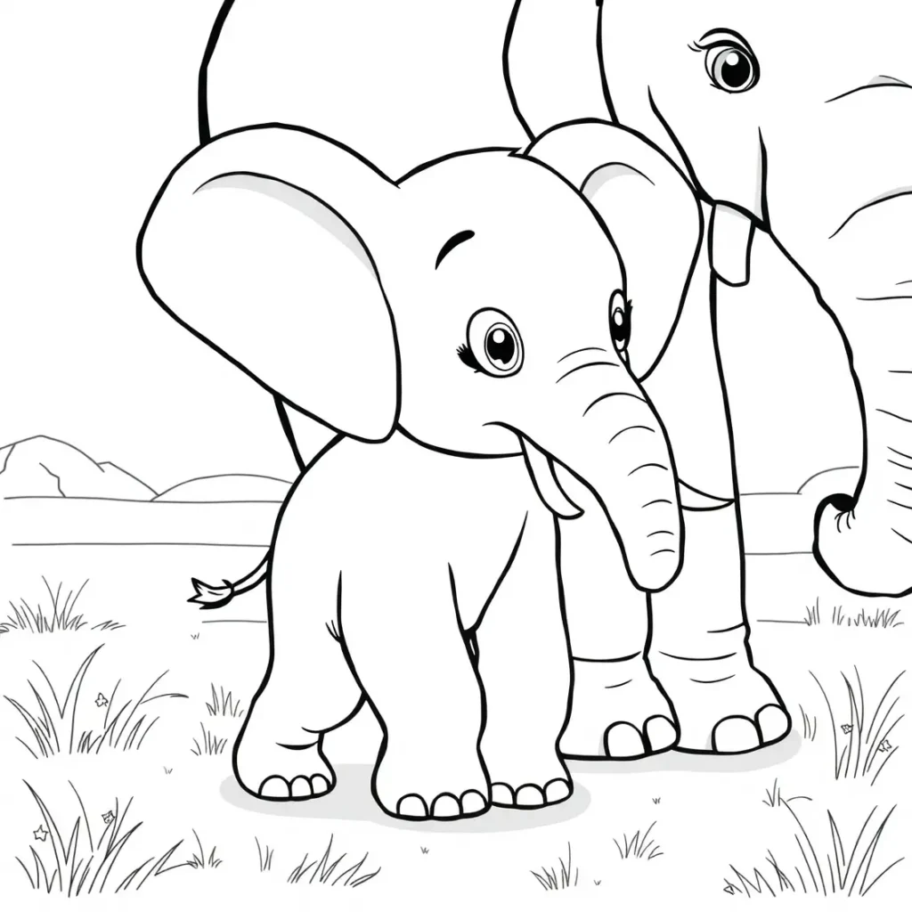 Black-and-white drawing of a baby elephant and mother elephant in a savanna with grass and mountains in the background.