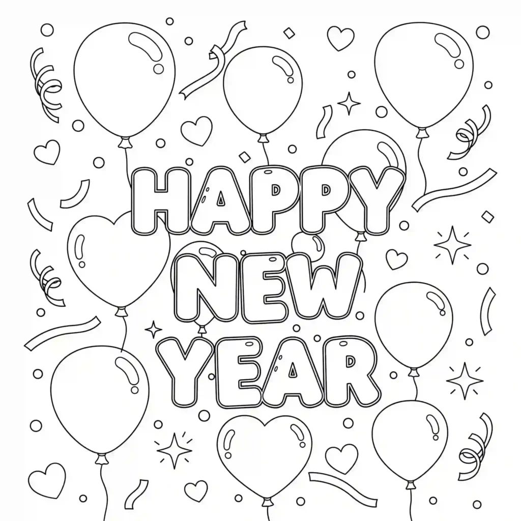 A black-and-white illustration with the text "Happy New Year" in bold letters, surrounded by balloons, hearts, confetti, stars, and ribbons in a festive design.