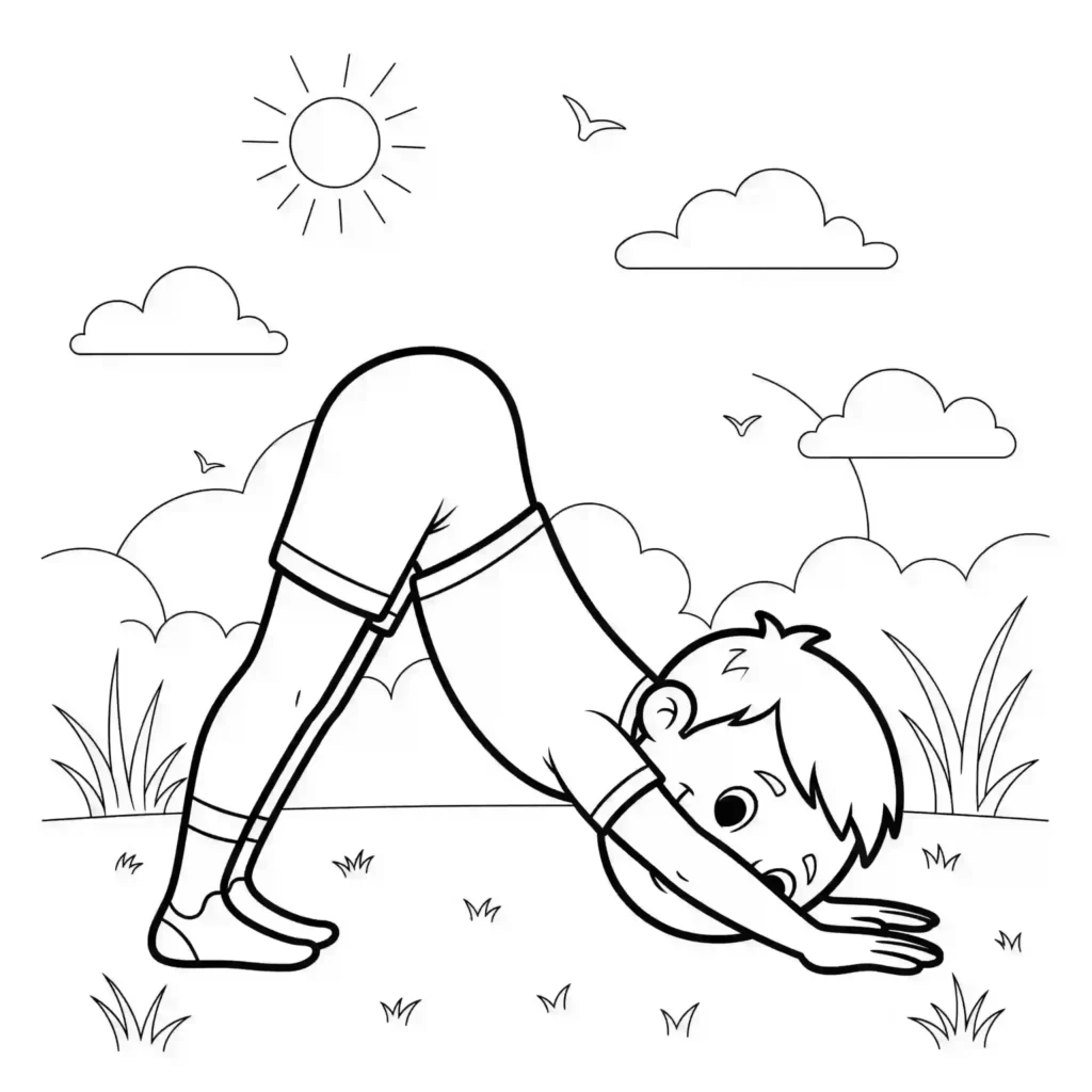 A boy in a downward dog yoga pose in a nature scene with grass, clouds, birds, and a sun.