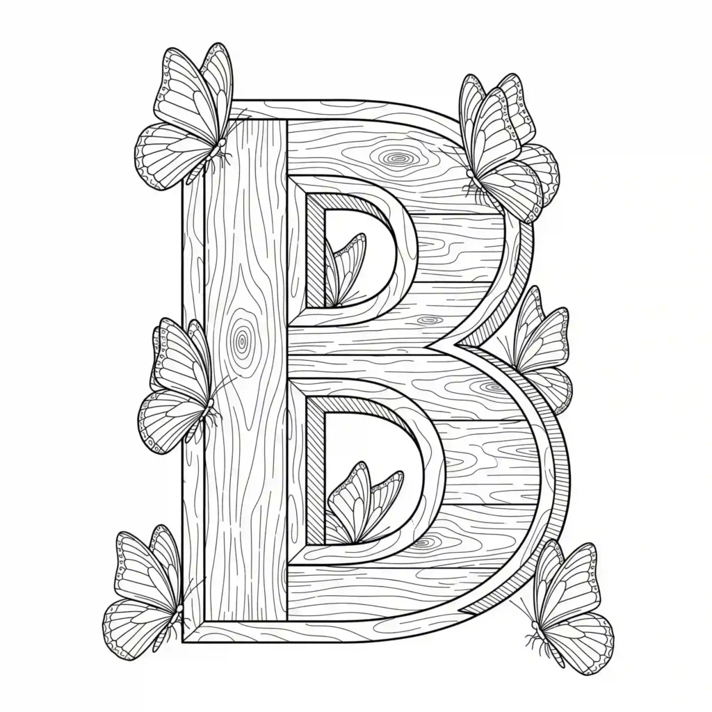 Black-and-white coloring page featuring the letter B made of wooden planks with butterflies inside and around it.