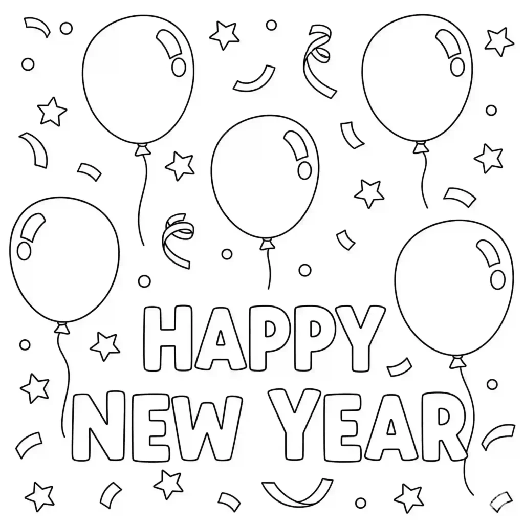 A black-and-white illustration with the text "Happy New Year" in bold letters, surrounded by five balloons, confetti, ribbons, and scattered stars in a festive design.