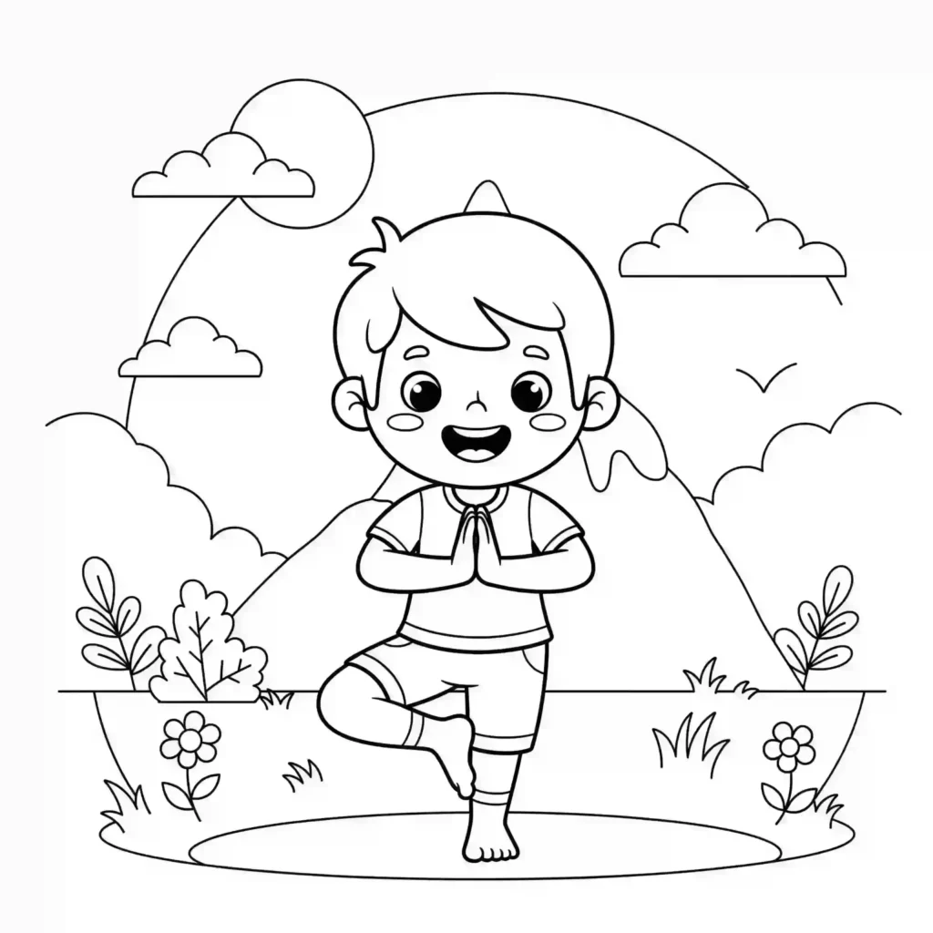 Black-and-white illustration of a happy child doing the tree yoga pose with hands in