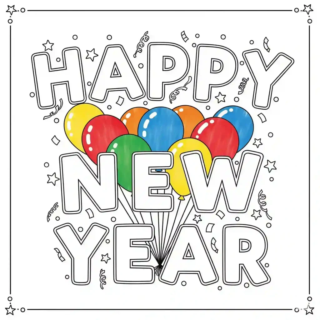 Black-and-white Happy New Year coloring page with the text "HAPPY NEW YEAR," colorful balloons, confetti, and stars.