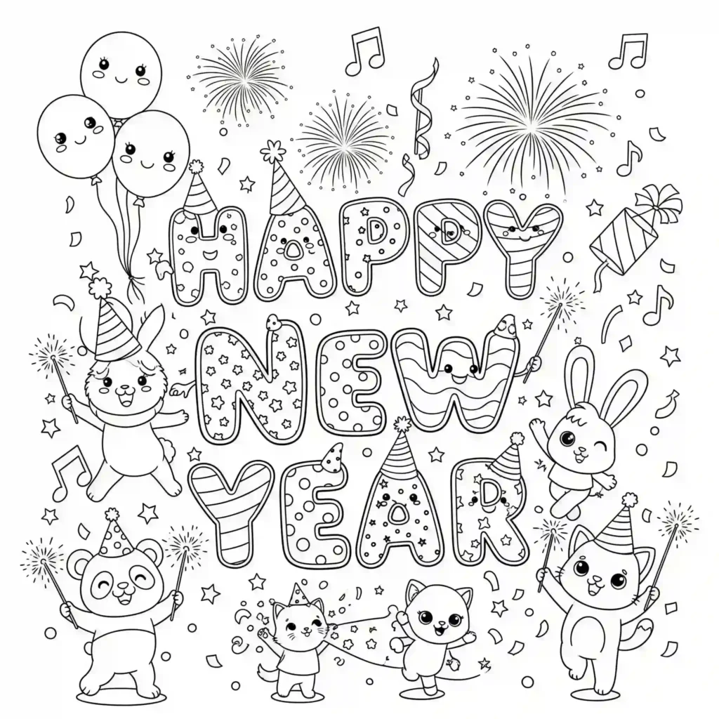 A black-and-white illustration of cute animals (bunnies, bears, cats) in party hats holding sparklers, surrounded by balloons, fireworks, stars, and the words "Happy New Year" with musical notes and confetti.