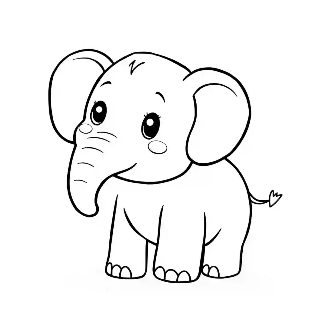 A black-and-white line drawing of a baby elephant with big ears, a curled trunk, and a smiling face, standing alone with no background.