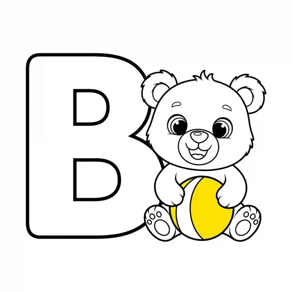 Black-and-white coloring page of the letter B with a cute bear holding a ball next to it.
