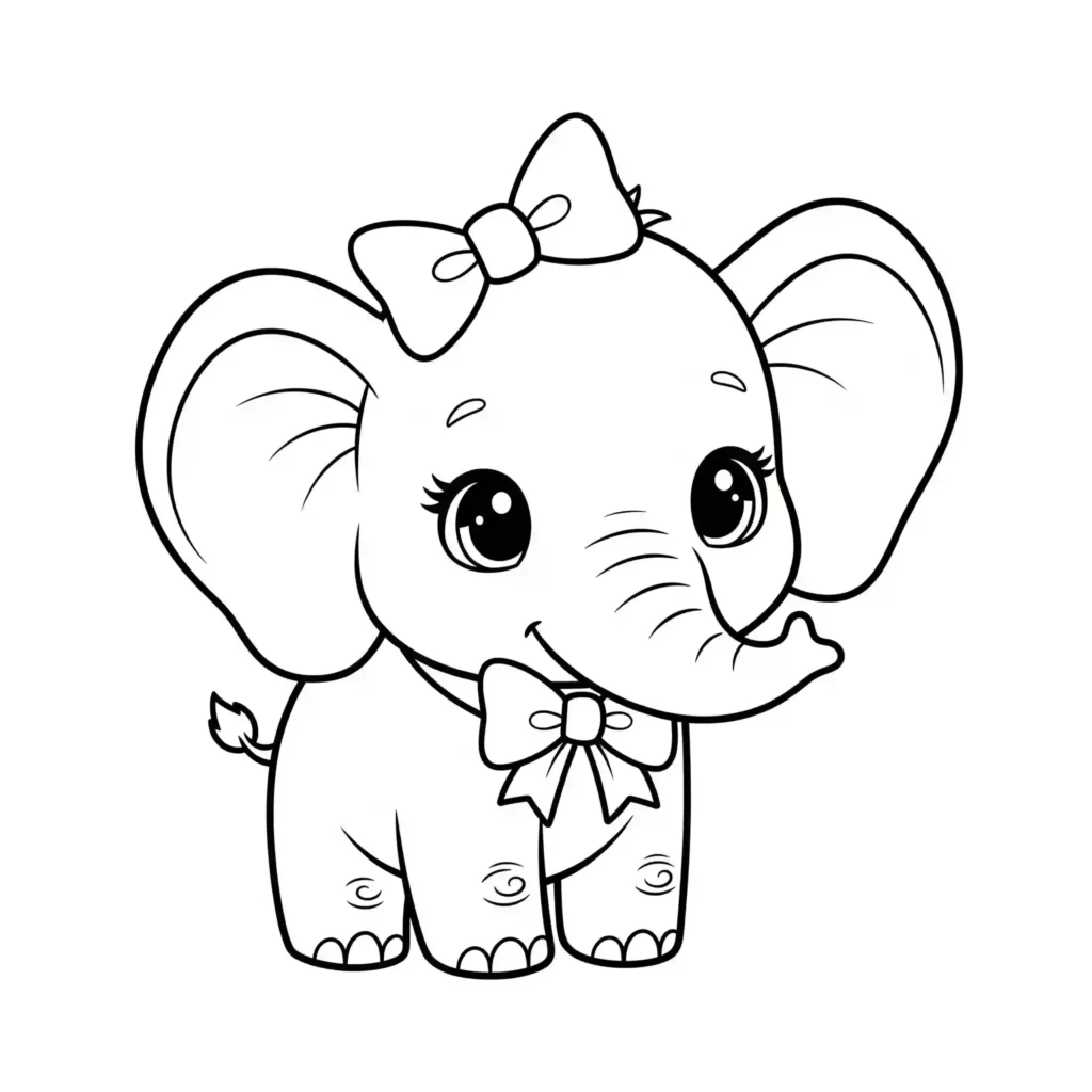 Black-and-white drawing of a cute baby elephant with bows, big eyes, and a raised trunk, designed for coloring