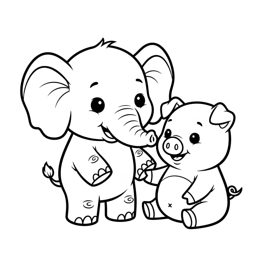 A black-and-white drawing of a cute elephant and pig sitting side by side, smiling. The elephant has big ears and a curled trunk, and the pig has a round belly with a small "x" on it and a curly tail.