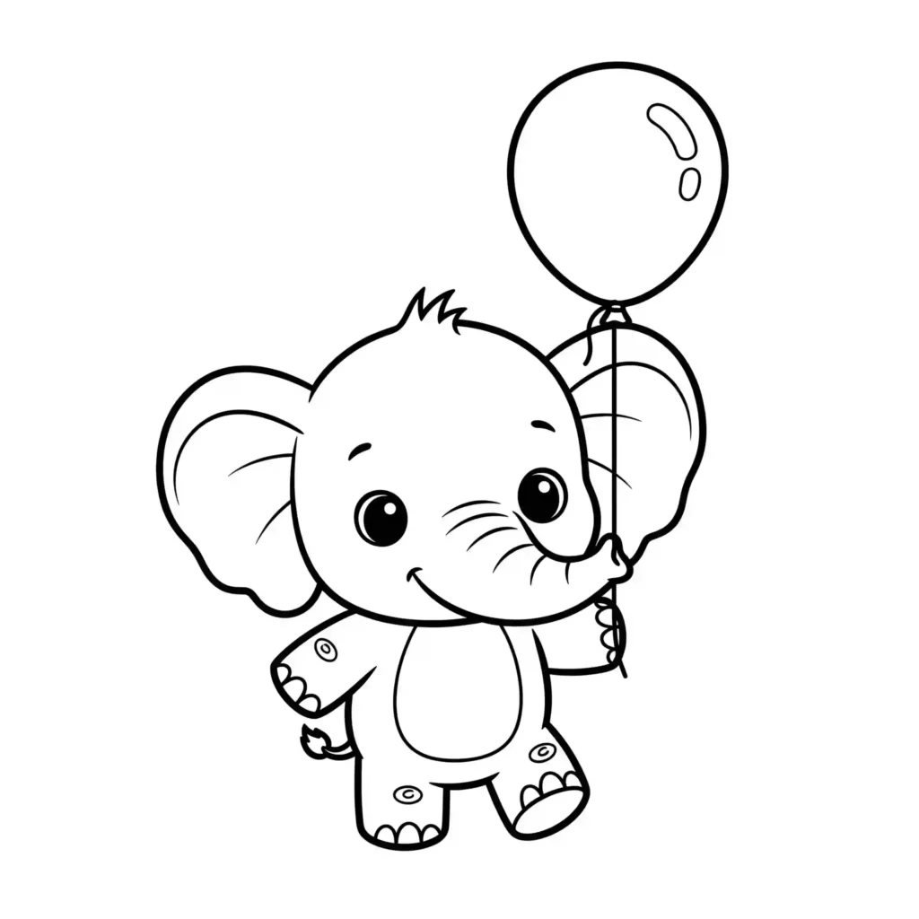 Black-and-white cartoon drawing of a baby elephant holding a balloon with its trunk.