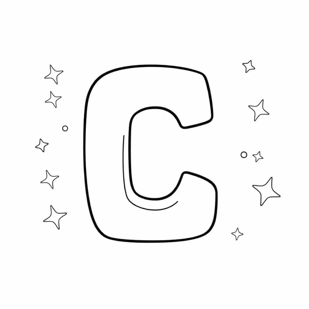 Black outline of the letter "C" with small star shapes scattered around it on a white background.