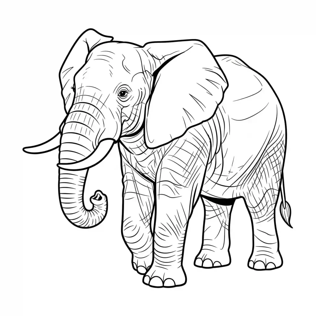 Black-and-white detailed illustration of a single elephant with a curled trunk and large ears.