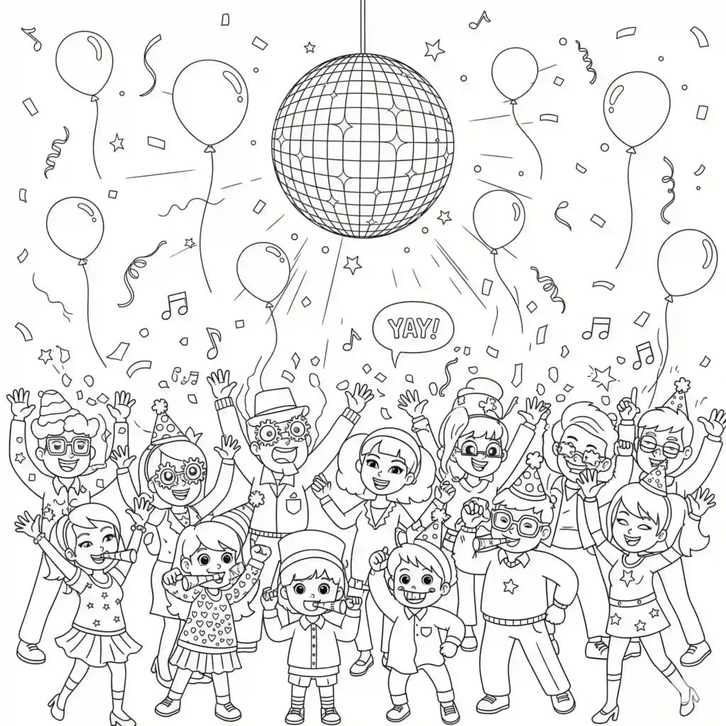A black-and-white illustration of a disco party with people cheering under a disco ball, surrounded by balloons, streamers, confetti, musical notes, and a "YAY!" speech bubble.