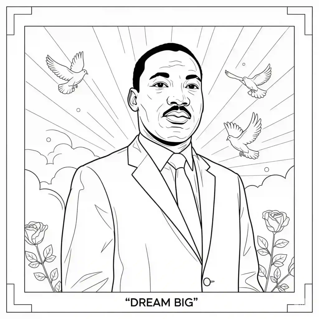 Black-and-white illustration of a person in a suit with the text "DREAM BIG" below, surrounded by doves, roses, and a radiant background with clouds, designed for coloring.