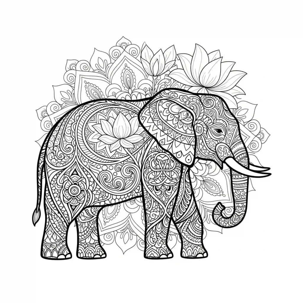 Black-and-white drawing of an elephant with intricate mandala patterns, surrounded by swirling floral designs and lotus flowers in the background. lack-and-white drawing of an elephant with intricate mandala patterns, surrounded by swirling floral designs and lotus flowers in the background.